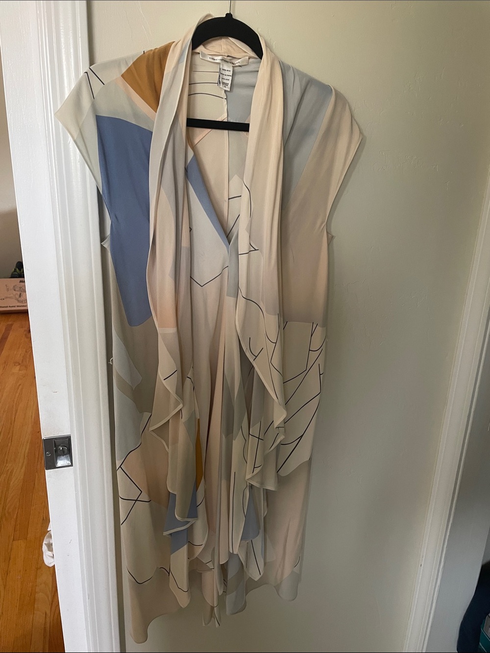Diane Von Furstenberg Cream, Blue & Tan Draped Long-Sleeve Midi Dress